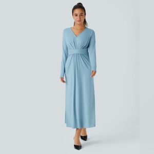 Halara V Neck Long Sleeve Plicated Midi Casual Dress, Sz.M